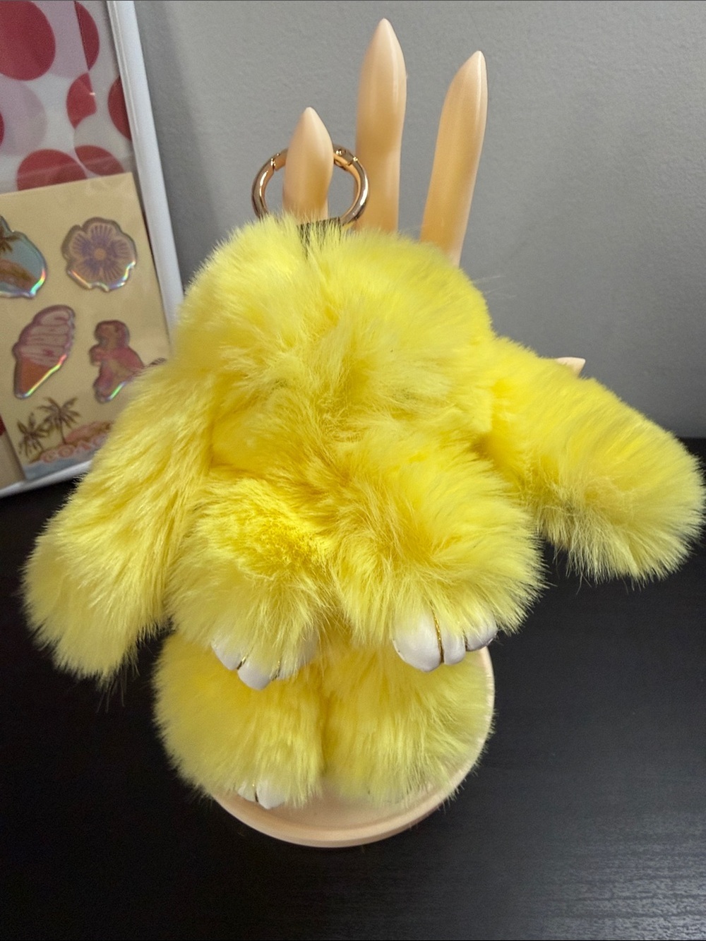 Yellow Bunny Fur Bag Charm with Gold Hardware